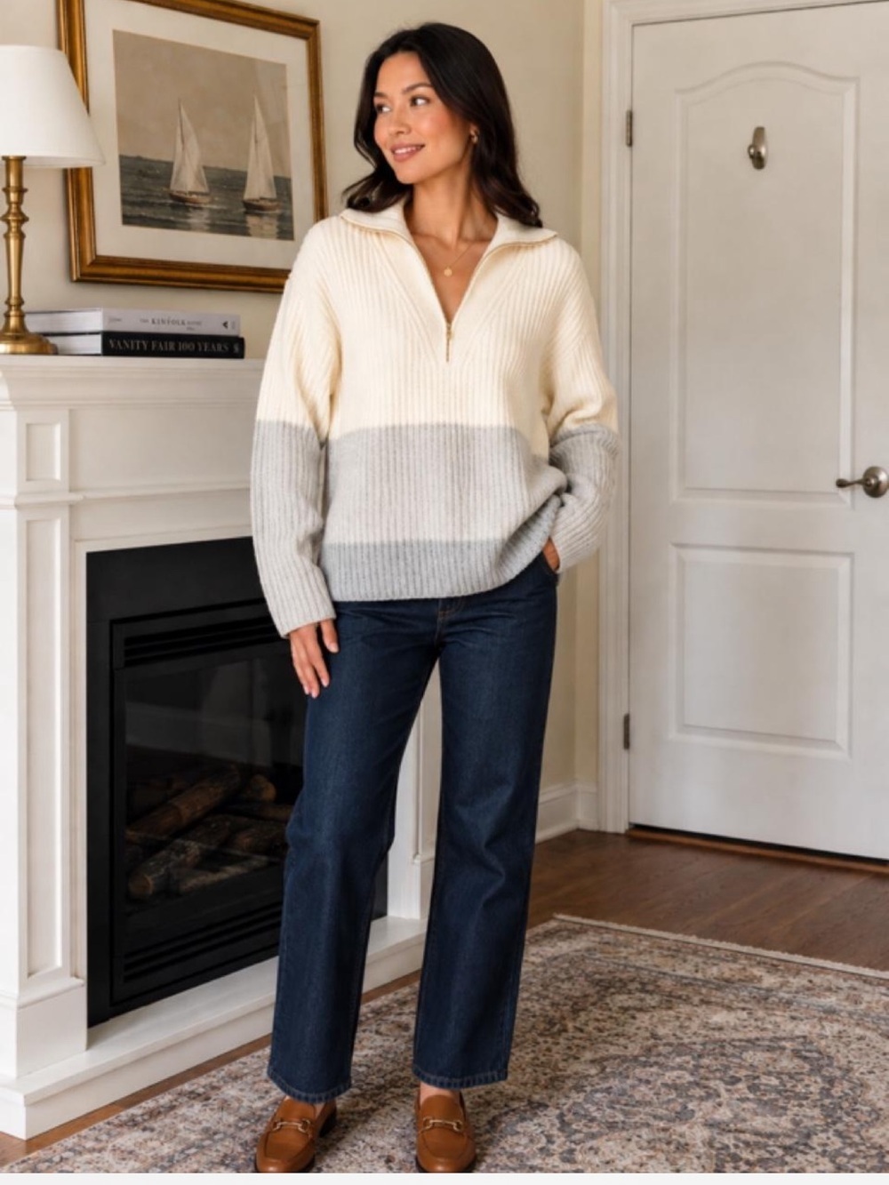 Talbots Two-Tone Ribbed Half-Zip Sweater - Ivory & Light Gray